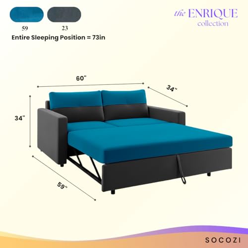 Image of SOCOZI Enrique 2-Seater Pull-Out Sofa Cum Bed | Soft Velvet Suede Fabric, Convertible Sofa Bed for Bedroom (Dark Grey-Aqua Blue)