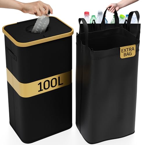 Deco haus® Poubelle tri Selectif Cuisine [avec sac supplémentaire] - Poubelle 100L Cuisine - Déchets et Recyclage - Bac de tri - Compacteur pour Bouteille Plastique Recyclage