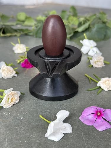 Image of Shivam VASTU AKAL 1.5 inch Original Narmadeshwar Narmada Shivling with 3 inch Narmada Stone Yoni Base Jaladhari (Swayambhu Shivling, Black Damtu Jaladhari)