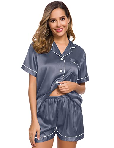 Image of SWOMOG Womens Silk Satin Pajamas Short Sleeve Sleepwear Button Down Loungewear Two-Piece Pj Set Deep Gray