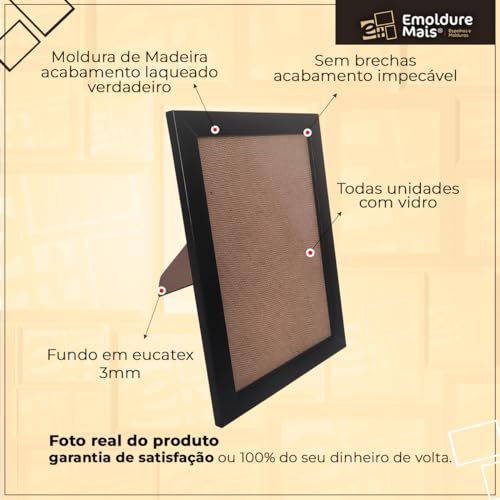 Kit 5 Porta Retrato 15x21 Moldura de Madeira com Vidro Tamanho folha A5 Preto Branco Dourado Prata T