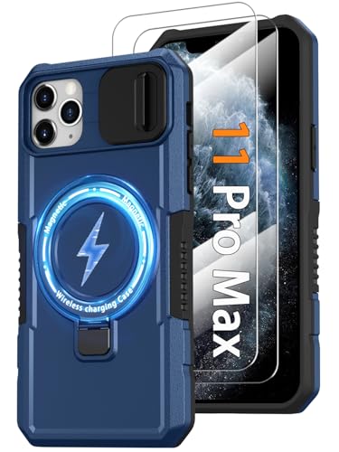 Phone Case for iPhone 11 Pro Max, with Magnetic Ring Stand [2X Glass Screen Protector] [Compatible with MagSafe] Military Grade Case with Camera Cover, Shockproof Cover for iPhone 11 ProMax, Blue