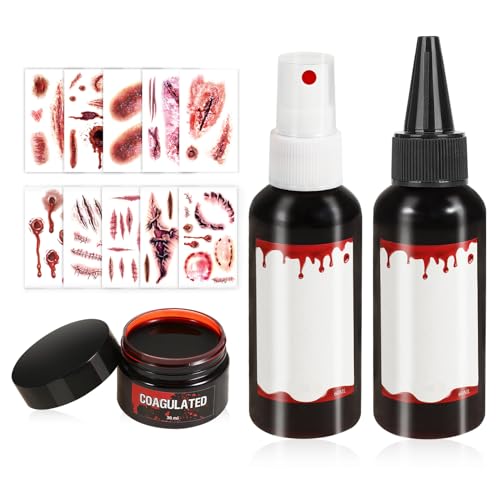 HOWAF Sangre Falsa Lavable, Líquida, Sangre Halloween Realista, Lavable, Segura Fake Blood & Tatuajes Temporales Cicatrices para Maquillaje Disfraz Halloween