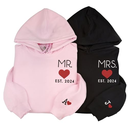 LullabyMall Custom Embroidered Future Mr. and Mrs. Sweatshirt Hoodies With Initial Heart on Sleeve, Engagement Gifts For Couples, Bride Groom Gifts, Wedding Gifts For Couple, Mr & Mrs Gifts