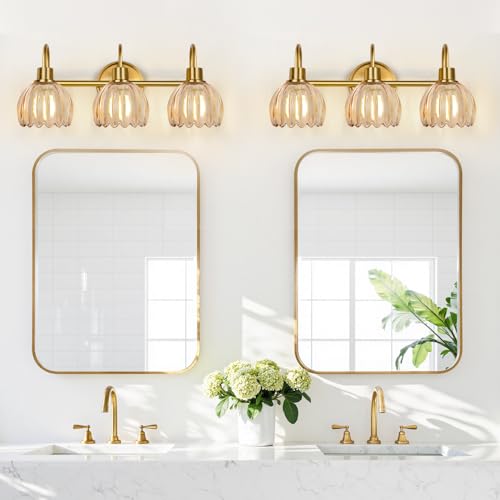 Image of Bathroom Light Fixtures, 3-Light Brushed Gold Vanity Lights for Bathroom with Ribbed Amber Tulip Glass Shade, 20 in Bathroom Vanity Lights Over Mirror for Bedroom, Living Room, Hallway