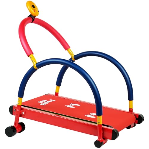 Easy Playhouse: Kids Treadmill - Red & Blue Manual Self-Propelled Motion Foam Handlebars Walk & Jog Pad Exercise Equipment LED Display 150lb Cap