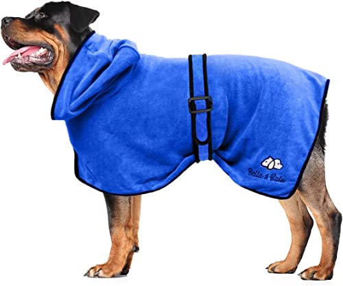 Bella & Balu Hundebademantel aus Mikrofaser + Pfotentuch - Saugfähiger Hunde Bademantel zum Trocknen nach dem Baden, Schwimmen oder Spaziergang im Regen (L | Blau) Cover