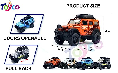 Image of toyco Diecast Offroad Car Toy for Kids | 1:36 Alloy Metal SUV with Pull Back Action, Openable Doors, Shiny Finish & Smooth Edges | Mini Model Vehicle (Multicolor, Pack of 1, Age 3+ Years)