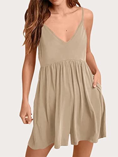 Anrabess Women Summer Casual Spaghetti Strap Adjustable Short Jumpsuit Cami Romper For Girl Ci325-Kaqi-L #TOP2