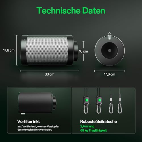 4-Zoll-Luftkohlefilter, Aluminiumgehäuse-Aktivkohle-Luftfilter mit Schwarzer Beutel-Smellines-Steuerung für Inline-Kanalventilator, Indoor-Hydrokultur, Gewächshaus, Growzelt 12,2 X 6,9 Zoll 7 4-Zoll-Luftkohlefilter, Aluminiumgehäuse-Aktivkohle-Luftfilter mit Schwarzer Beutel-Smellines-Steuerung für Inline-Kanalventilator, Indoor-Hydrokultur, Gewächshaus, Growzelt 12,2 X 6,9 Zoll – Bild 7
