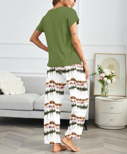 Image of Ekouaer Pajama Sets for Women Round Neck Pjs Short Sleeve Sleepwear with Long Pants Loose Lounge Sets