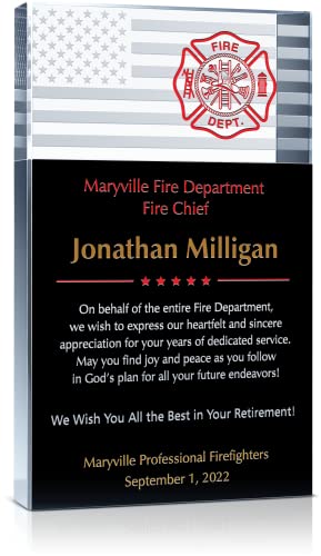 Personalized Crystal Retirement Gift Plaque for Fire Chief, Customized with Firefighter's name and...