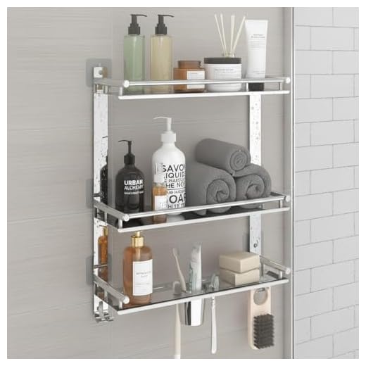 Pivalo 6 in 1 Stainless Steel Bathroom Shelf Multipurpose Home Accessories Organizer Set Corner Wall Mount 3 Layer Rack with Mirror Finish Holder for Towel Soap & Toothbrush (1 Pc)