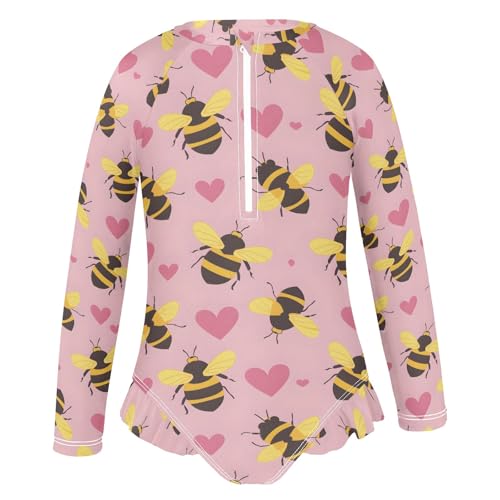 Bee and Heart Pink Girls Long Sleeve Swimsuit Rash Guard One Piece Bathing Suits Zipper 3-12T2