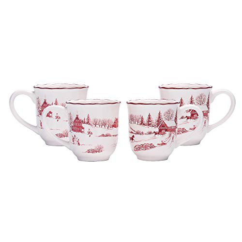 Bico Toile De Jouy Winter Wonderland Ceramic Mugs, 16oz, Set of 4, for Coffee, Tea, Drinks, Microwave & Dishwasher Safe