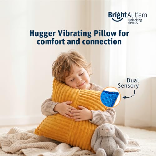 Image of Bright Autism Hugger Pillow for Dual Sensory Needs- Calming Vibrating Yellow & Blue Pillow for Kids. Relaxing Tool that Helps Children Soothe Stress or Anxiety. Perfect Sleep aid for a Sensory Room.