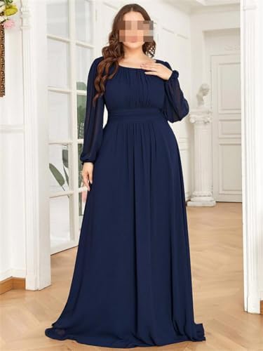 Long A Line Evening Dresses Long Sleeve Floor Length Gown Chiffon Prom Dress Mom of Bride Dress, Navy Blue, 20