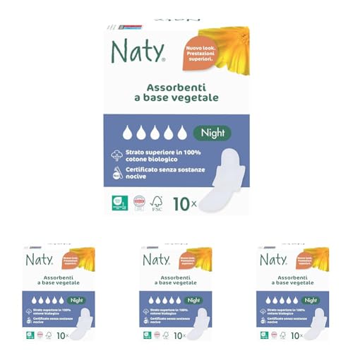 Naty Compresas Night con alas | 100% algodón orgánico certificado en contacto con la piel | Certificadas seguras | Sin perfume, 0% plástico convencional | Protección absorbente noche | 10 unidades
