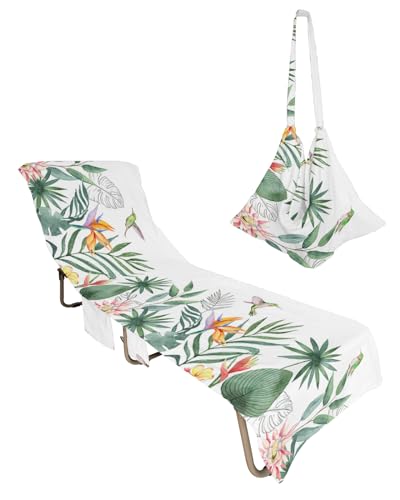 Pastoral Botanical Beach Lounge Chair Towel Cover, Soft Chaise Lounge Towel with Side Pockets Patio Pool Chairs Cover for Beach/Pool Sunbathing 29x85 Summer Tropical Plants Palm Leaves Birds