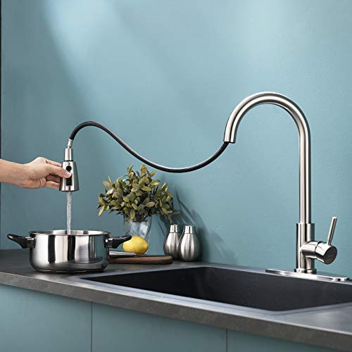 VALISY Lead-free Modern Commercial Single Hole Pull Down Brushed Nickel Kitchen Sink Faucet,1 handle High-Arc Tall Faucets for Kitchen Bar RV Laundry Utility Sinks with Pull Out Sprayer VAQY263LD