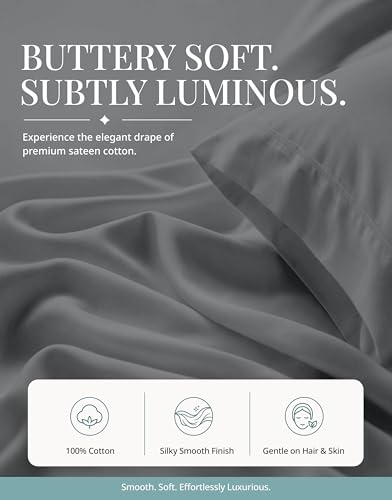 Image of LANE LINEN King Size Bed Sheets Set - 450 Thread Count Sateen Weave for Smooth & Silky Feel On Skin - Breathable 100% Cotton Sheets for Single Beds - Fits Mattresses Upto 15'' Deep - Charcoal