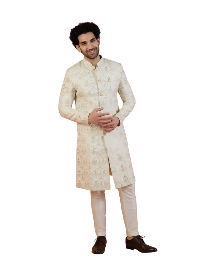 Men Off White Woven Design Indowestern Sherwani Sherwani Trouser Set with Ethnic Motifs-image-42