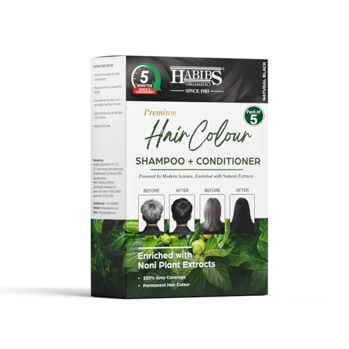 Image of Habibs Professional Hair Colour Shampoo - 100% Grey Coverage | Fast Acting Hair Color Shampoo (5 Minutes) | Natural Black, Ammonia-Free Formula (Pack of 5)
