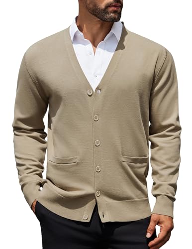 COOFANDY Mens Cardigan Sweaters Long Sleeve V Neck Cardigans Lightweight Knitted Button Down Sweaters with Pockets Khaki