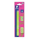 Compuesto de fibra natural STAEDTLER Wopex Neón 180FSBK2P3 - Blíster con 2 Lápices Wopex neón verde + 1 Goma de borrar neón verde + Afilalápices neón verde, C4
