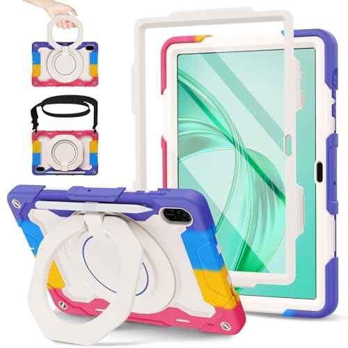 ROISKIN Case for Honor Pad X8a 11 Inch 2024 with HD Screen Protector & Shoulder Strap & Pencil Holder,Heavy Duty Shockproof Military Honor Pad X8a Case,Rotating Stand Case for Kids,Pink