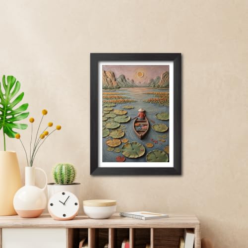 Image of TenorArts Boat on the Lake Art 3D Clay Textured Digital Art Print Photo Frame, Modern Art Abstract Painting For Bedroom Living Room Home and Cafe Decor | Minimal Drawing Black Framed Posters for Decoration (9x12 inches) [CL-S01]