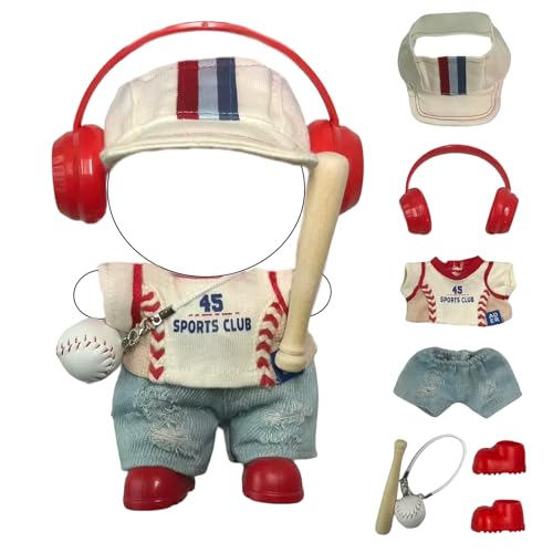 Clothes for Labubu/La Boo-Boo – 7-Piece Baseball & Game Day Outfit for 15/17cm Dolls, Red Headphones, Cap, Jersey, Distressed Jeans, Red Shoes, Bat & Ball – Doll Accessories Only