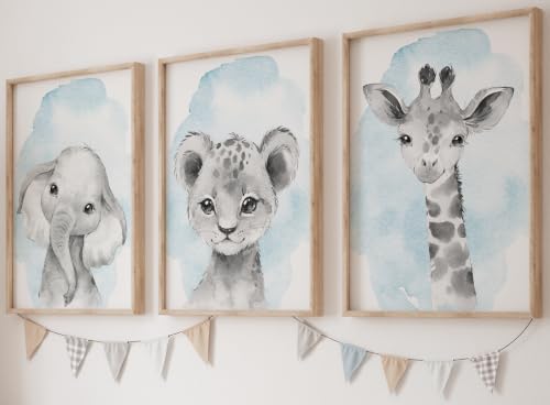 Safari Animals Baby Boys Nursery Set of 3 Unframed Wall Art Prints, Gray Baby Animals with Blue Watercolor Style Splash, Elephant Lion Giraffe, Child Bedroom Nursery Decor Posters (8x10)