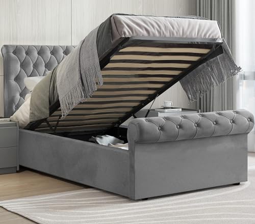 Grey Velvet Upholstered Ottoman Bed, Single Bed Frame UKFR Ottoman Storage Bed With Gas Lift End Opening Wooden Slats With Storage Bed (3ft Single 90 x 190, No Mattress)