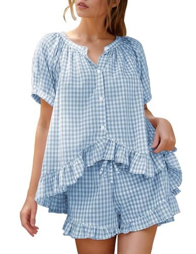 Flygo Womens Gingham Pajamas Set 2 Piece Cotton Pj Lounge
