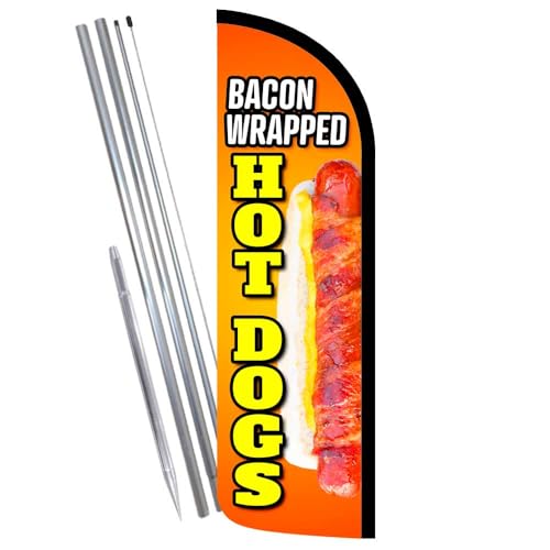 Vista Products Bacon Wrapped Hot Dogs Premium Windless Feather Banner Flag Kit (Flag, Pole, & Ground Mt)