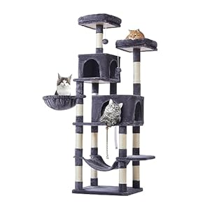 Taoqimiao Cat Tree, 66.2-Inch Cat Tower for Indoor Cats, Plush Multi-Level Cat Condo with 12 Scratching Posts, 2 Perches, 2 Caves, Hammock, 2 Pompoms, Smoky Gray MS013G