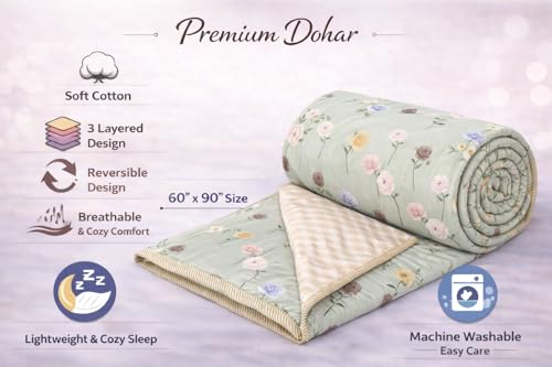 Image of Cotton Printed Dohar | AC Blanket, Quilt /Duvet for Single Bed 60x90in - Value Pack for Home, Hotels, Hostels, PGs & Wholesale Ideal for Diwali Gifting (Pack of 1) - Design 11