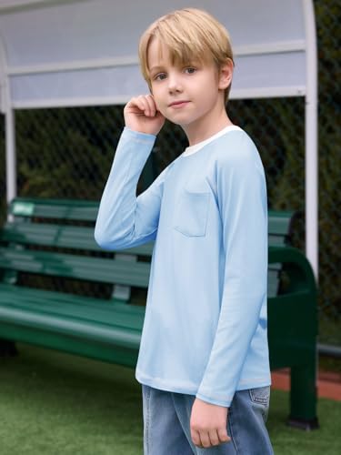 Haloumoning Boys Shirts Kids Long Sleeve Crewneck T Shirts Casual Fall Tops Tees with Chest Pocket 5-14 Years3