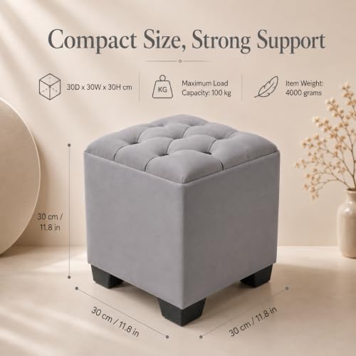 Image of Velvet Cube Ottoman | Seating Stool for Living Room | Soft Cushioned Footrest Stool with Durable Plastic Legs | Multipurpose Seating, Side Table & Pouffe Home Decor, 12x12x14 inch (Grey)