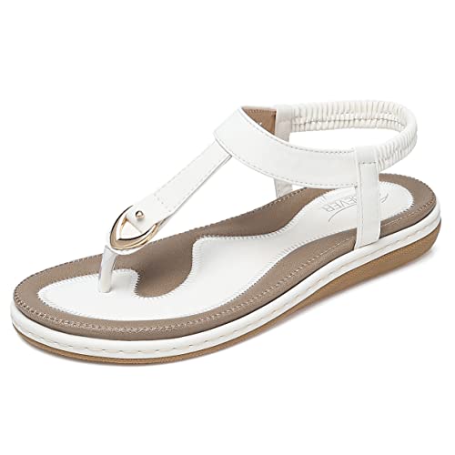 Shibever Womens Sandals Comfortable Summer Dressy Flat Sandals T-Strap Flip Flop Thong Sandals White 6 #TOP23