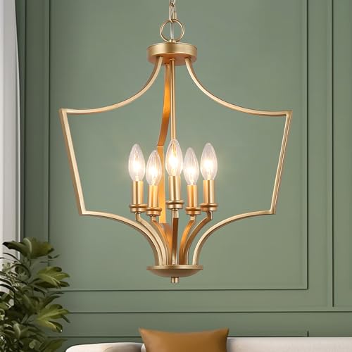 Image of KSANA Gold Chandelier, 5-Light Modern Pendant Lights Kitchen Island, 19'' Geometric Lantern Pendant Chandeliers Light Fixture for Dining Room, Bedroom, Entryway