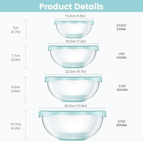 Luvan Borosilicate Clear Glass Mixing Bowls with Lids Set of 4 (0.53qt, 1.1qt, 2.1qt, 3.7qt), Space Saving Nesting Bowls Large Kitchen Salad Bowls for Meal Preping,Baking,Mixing,Dishwasher Safe - Thumbnail 5