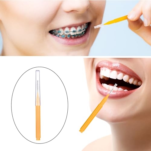 Image of Patelai 100 Pieces Braces Dental Brush for Cleaner Interdental Toothpick Dental Tooth Flossing Head Oral Hygiene Flosser Toothpick Cleaners Tooth Tool(Orange,Ideal Size)