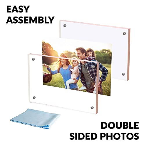 Simbalux Magnetic Acrylic Picture Photo Frame 4X6 Inches (3 Pack), Clear Glass Like With Rose Gold Edge Trim, Double Sided Frameless Desktop Floating Display, Free Standing, Easy To Change #TOP3
