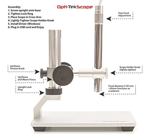 Opti-Tekscope Digital USB Microscope Camera- Advanced CMOS Sensor, True High Definition Macro 200x Zoom Imaging –1600 x 1200, Video, Superior Industrial Quality Base, 8 LED, Windows Mac Linux Chrome!
