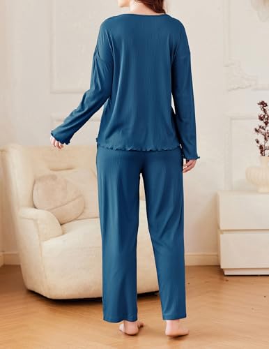 Ekouaer Womens Ribbed Knit Pajamas Set V Neck Long Sleeve Pj Set 2 Piece Loungewear Casual Sleepwear