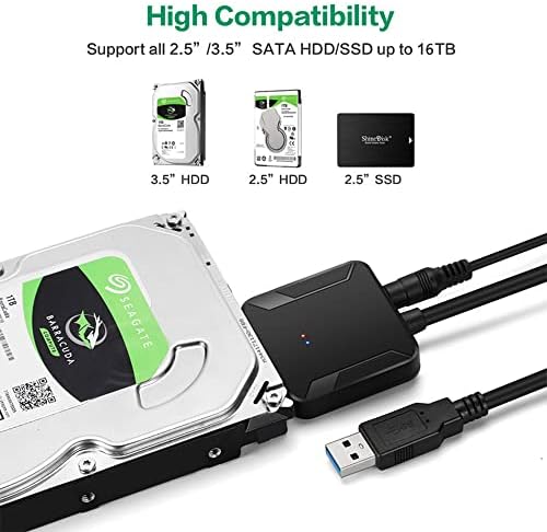 Adapter dysku twardego USB 3.0 na SATA III 5 Gb/s, synchronizacja danych SATA na USB konwerter do 2,5" SSD / HDD 3,5" z zasilaczem 12 V/2 A, obsługa dysku twardego maks. 16 TB