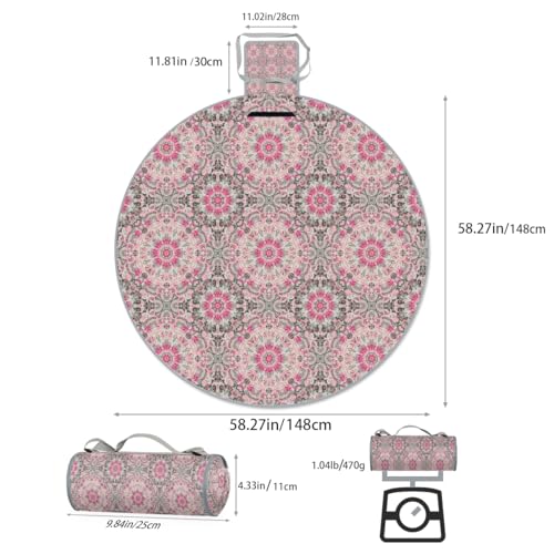 Shimoshe Pink Mandala Print Picnic Outdoor Blanket Foldable Waterproof Sandproof Beach Blanket Portable Water-Resistant Round Picnic Mat for Travel Camping Park Lawn