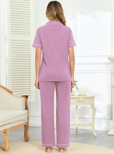 Image of Veseacky 100% Cotton Pajamas for Women Set Short Sleeve Button Down Sleepwear Soft 2 Piece Summer Pjs Lounge Sets S-XXL
